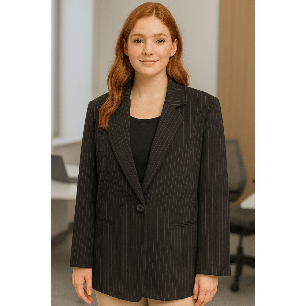 DKNY Pinstripe Notch Collar Long Sleeve Button Front Coordinating Blazer Jacket